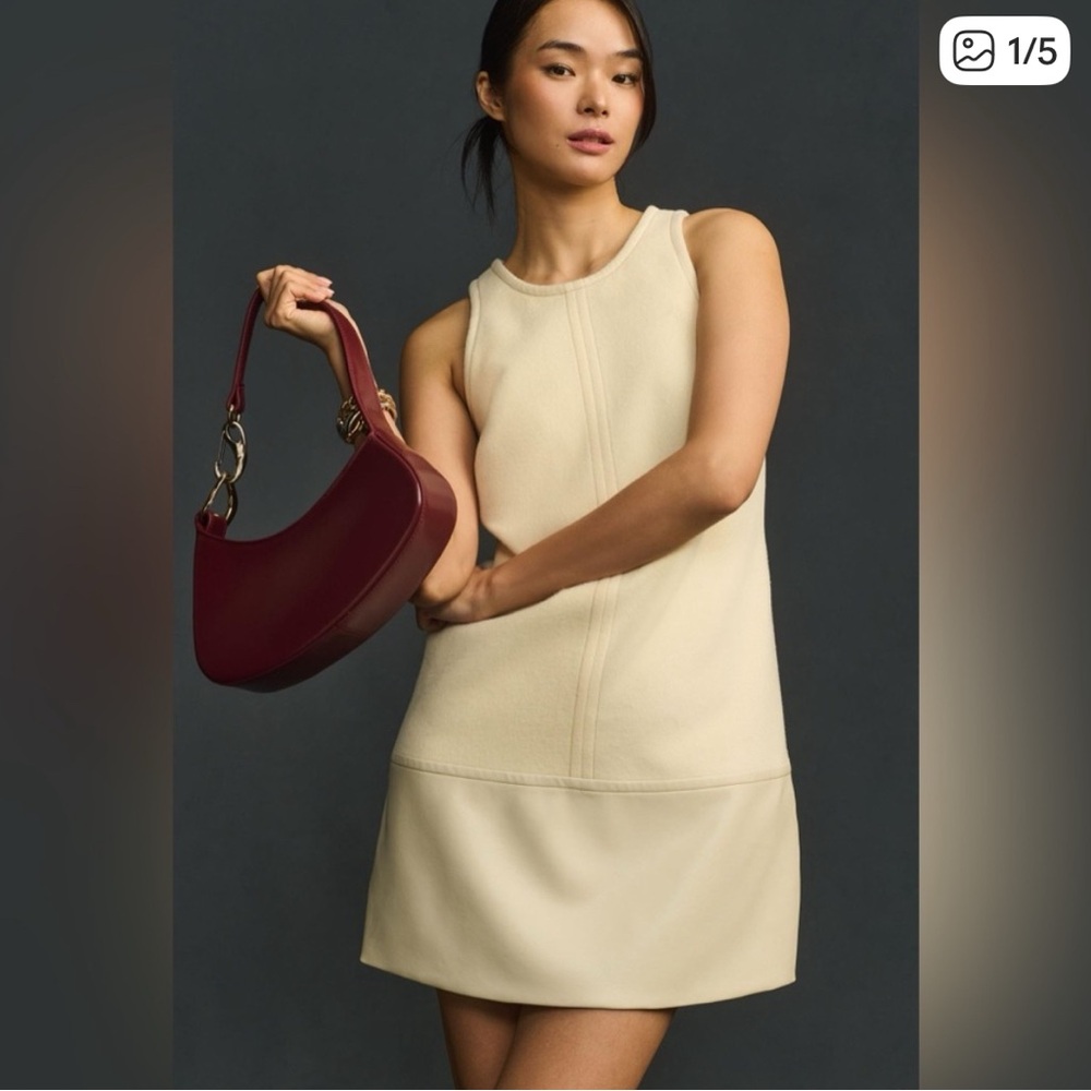 NWT ANTHROPOLOGIE  Faux-Leather Shift Mini Dress - White Small petite